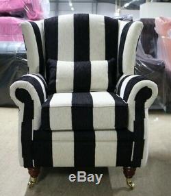 Oberon Cottage Fireside High Back Wing Chair Harrison Stripe Black Fabric
