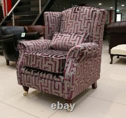Oberon Fireside High Back Wing Chair Geometric Amethyst Purple Velvet Fabric