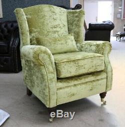 Oberon Fireside High Back Wing Chair Lime Green Velvet Fabric