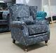 Oberon Fireside High Back Wing Chair Medallion Blue Velvet Fabric