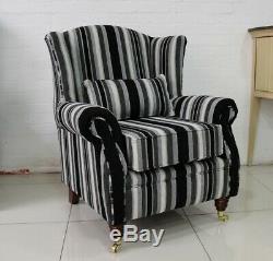 Oberon Fireside Wing Chair Black Grey Stripe Fabric