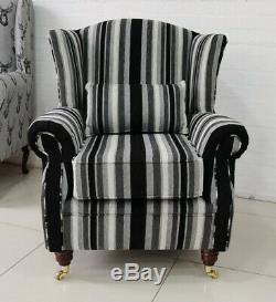 Oberon Fireside Wing Chair Black Grey Stripe Fabric