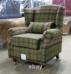 Oberon Hunter Green Check High Back Wing Chair Fireside Checked Tartan Fabric
