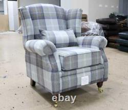 Oberon Oxford Blue Check High Back Wing Chair Fireside Checked Tartan Fabric