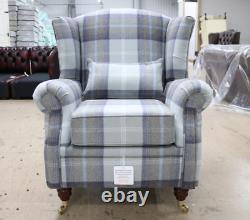 Oberon Oxford Blue Check High Back Wing Chair Fireside Checked Tartan Fabric