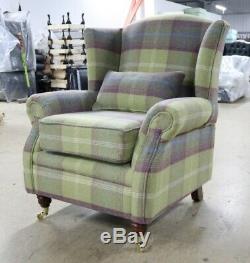 Oberon Pistachio Green Check High Back Wing Chair Fireside Checked Tartan Fabric