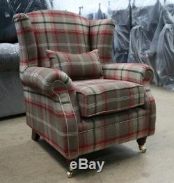 Oberon Red Brown Check High Back Wing Chair Fireside Checked Tartan Fabric
