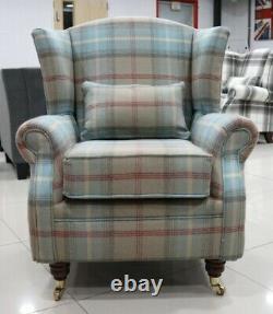Oberon Royal Blue Check High Back Wing Chair Fireside Checked Tartan Fabric
