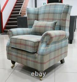 Oberon Royal Blue Check High Back Wing Chair Fireside Checked Tartan Fabric