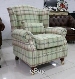 Oberon Sage Green Check High Back Wing Chair Fireside Checked Tartan Fabric