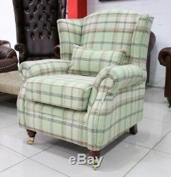 Oberon Sage Green Check High Back Wing Chair Fireside Checked Tartan Fabric