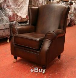 Oberon Tan Brown Real Leather High Back Wing Chair Fireside