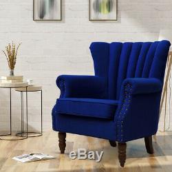 Occasional Fabric Winged Tub Chair Scallop Armchair Vintage Studs Fireside Sofa