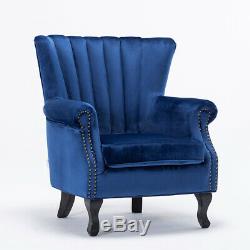 Occasional Velvet Armchair Fireside Lounge Sofa Midnight Blue Chair Wing Studded
