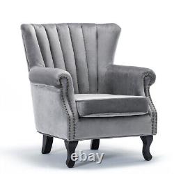 Occasional Velvet Armchair Upholstered Oyster Winged Chair Fireside Sofa Lounge