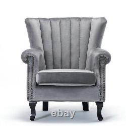 Occasional Velvet Armchair Upholstered Oyster Winged Chair Fireside Sofa Lounge