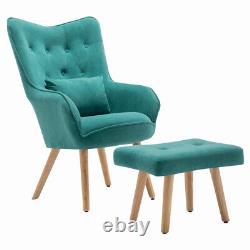 Occasional Velvet Armchair with Matching Stool Set Lounge Sofa Fireside Seat Green