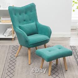 Occasional Velvet Armchair with Matching Stool Set Lounge Sofa Fireside Seat Green