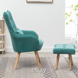 Occasional Velvet Armchair with Matching Stool Set Lounge Sofa Fireside Seat Green