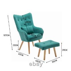 Occasional Velvet Armchair with Matching Stool Set Lounge Sofa Fireside Seat Green
