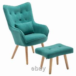 Occasional Velvet Armchair with Matching Stool Set Lounge Sofa Fireside Seat Green