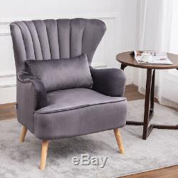Occasional Velvet Wingback Oyster Armchair with Footstool Fireside Chair Bedroom