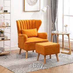 Occasional Wing Back Matte Velvet Lounge Armchair Fireside Sofa withFootstool