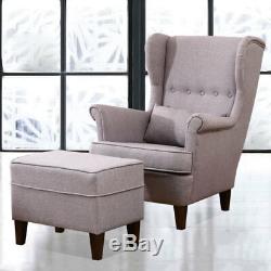 Occasional Wing Chair High Back Fabric Linen Tub Armchair Fireside+Footstool Set