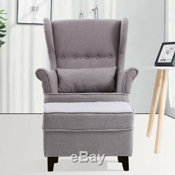 Occasional Wing Chair High Back Fabric Linen Tub Armchair Fireside+Footstool Set