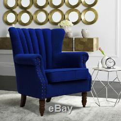 Occasional Wing High Back Chair Fabric Armchair Blue Sofa Fireside Living Room