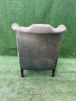 Olive Green Leather Deep Button Chesterfield Wingback Fireside Scroll Armchair