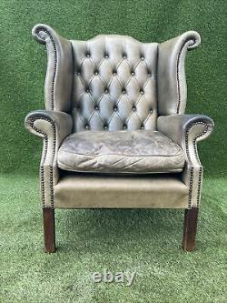 Olive Green Leather Deep Button Chesterfield Wingback Fireside Scroll Armchair