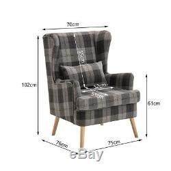 Orthopeadic High Back WingBack Chair Tweed Tartan Checked Grey Fireside Armchair
