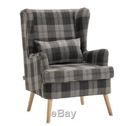 Orthopeadic Tartan Fabric Upholstered Armchair Wingback Chair Fireside + Pillow