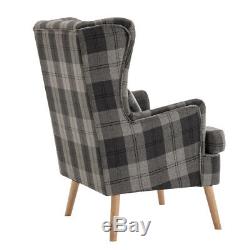 Orthopeadic Tartan Fabric Upholstered Armchair Wingback Chair Fireside + Pillow
