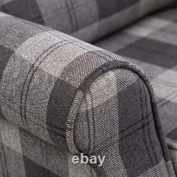 Orthopedic High Back Wing Back Chair Tweed Tartan Checked Grey Fireside Armchair