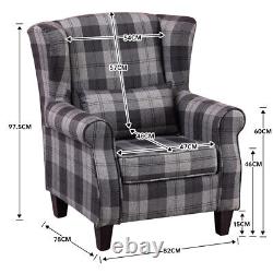 Orthopedic High Back Wing Back Chair Tweed Tartan Checked Grey Fireside Armchair