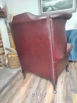 Ox Blood High Back Chair Armchair Leather Fireside Wing Queen Anne Louis