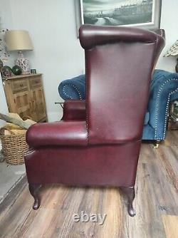 Ox Blood High Back Chair Armchair Leather Fireside Wing Queen Anne Louis