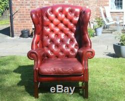 Oxblood Leather Chesterfield Armchair High Back Wing Back Fireside Vgc