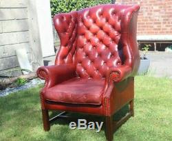 Oxblood Leather Chesterfield Armchair High Back Wing Back Fireside Vgc