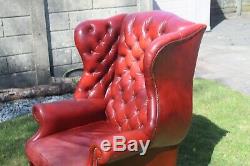 Oxblood Leather Chesterfield Armchair High Back Wing Back Fireside Vgc