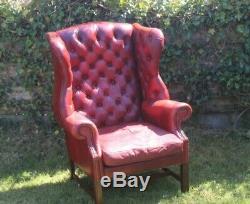 Oxblood Leather Chesterfield Armchair High Back Wing Back Fireside Vgc