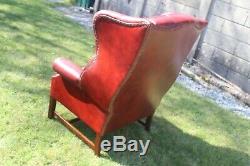 Oxblood Leather Chesterfield Armchair High Back Wing Back Fireside Vgc