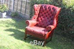 Oxblood Leather Chesterfield Armchair High Back Wing Back Fireside Vgc