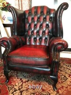 Oxblood Red Leather Chesterfield Armchair Wing Back Fireside Chair Sofa