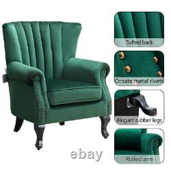 Oyster Wing Back Rivets Velvet Armchair Lounge Chair Queen Anne Fireside Sofa