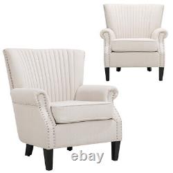 Oyster Wingback Linen Armchair Rolled Arm Lounge Chair Queen Anne Fireside Sofa