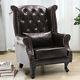 Pu Leather Chesterfield Armchair Brown Dark High Back Fireside Wing Accent Chair