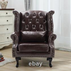 PU Leather Chesterfield Armchair Brown Dark High Back Fireside Wing Accent Chair